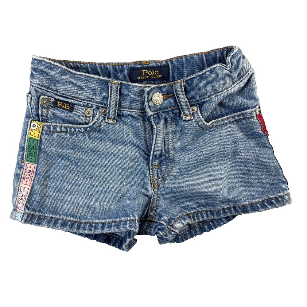 Polo Ralph Lauren Shorts Girls Size 6 Denim Logo Patch Side Tape Blue Jeans Kids